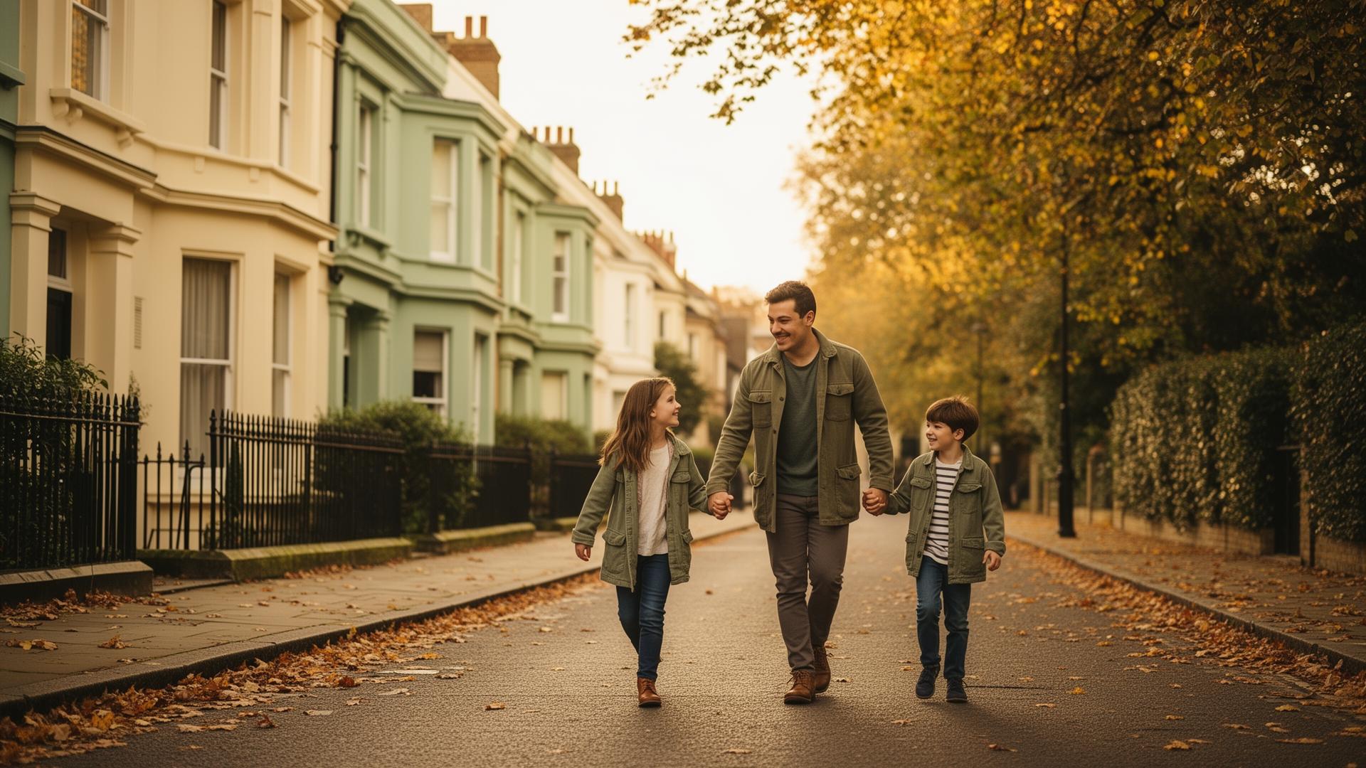 A family walking down a leafy residential street